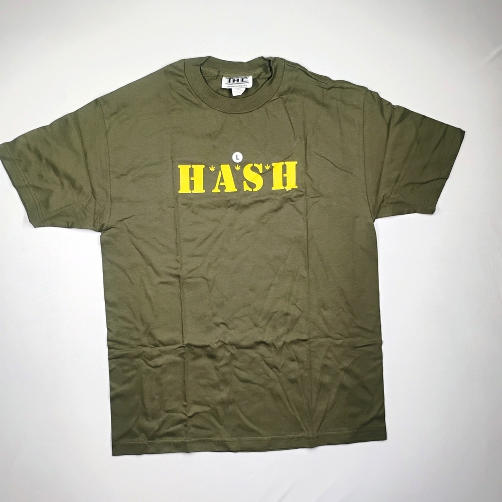 THC Clothing Parody Olive Green Graphic Tee Shirt Size L Vintage 90's Y2K NOS